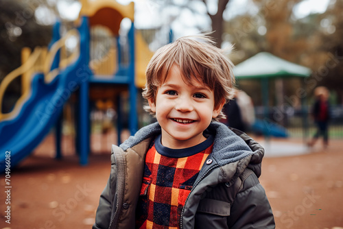 Smiling portrait of a boy on the playground, summer, autumn.