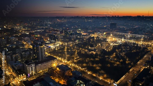 Aerial hyperlapse timelapse view of Chisinau city center with christmas decorations. Moldova photo