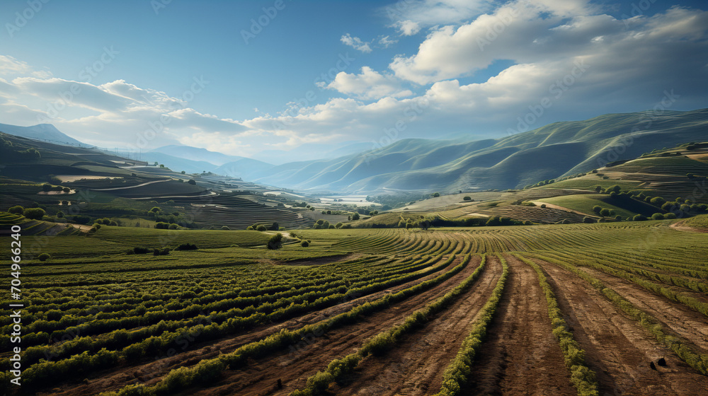 Serene Vineyard in Mountain Valley, Peaceful rows of grapevines stretch across a valley, flanked by mountains under a gentle sky, evoking tranquility and natural beauty