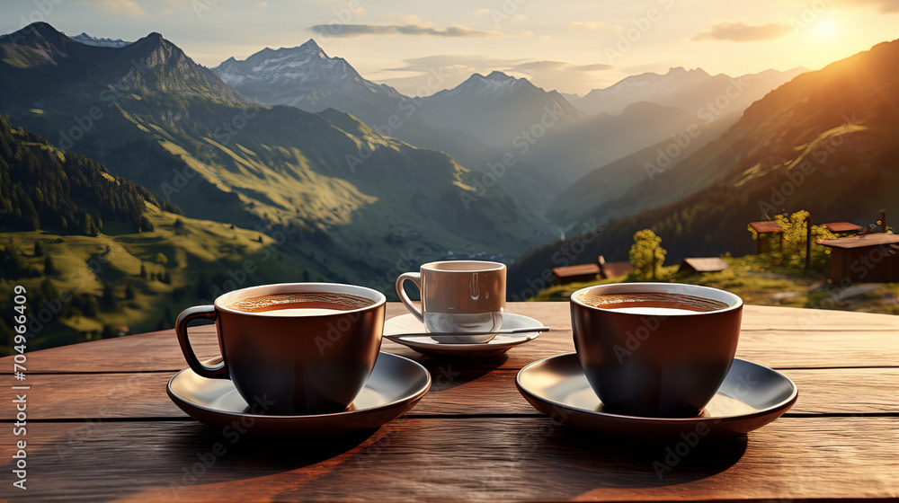 Morning coffee with mountain view, Three cups of coffee on a wooden table overlooking a stunning mountain landscape at sunrise, creating a serene atmosphere Morning coffee with mountain view, Three cups of coffee on a wooden table overlooking a stunning mountain landscape at sunrise, creating a serene atmosphere