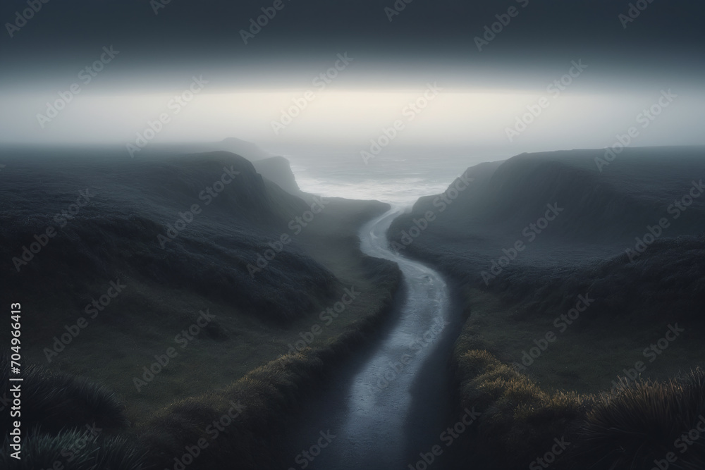 View of a dark foggy sad costal landscape with a road running through it in the center reaching to the horizon