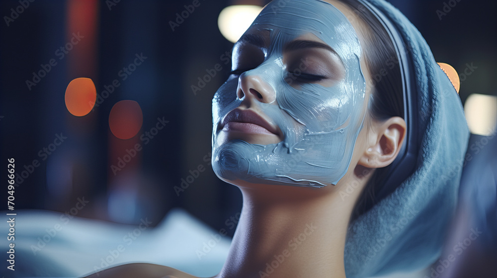 Young woman in blue mask smiling confident having facial treatment at beauty center with eyes closed, spa wellness center, banner, copy space Young woman in blue mask smiling confident having facial treatment at beauty center with eyes closed, spa wellness center, banner, copy space