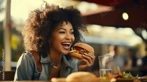 Smiling Woman Eating Burger Outdoors  cheerful woman with curly hair enjoying a burger at an outdoor restaurant  radiating happiness and delight in a casual dining atmosphere