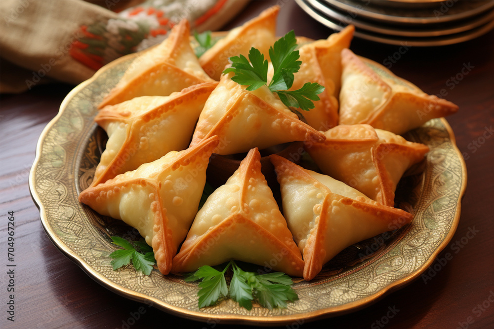Plate with appetizing samosa, selective focus Plate with appetizing samosa, selective focus