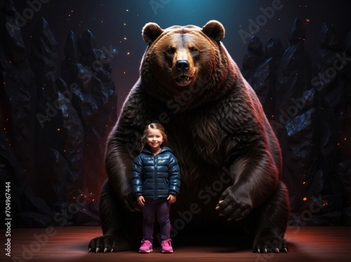 A big bear protects a little girl