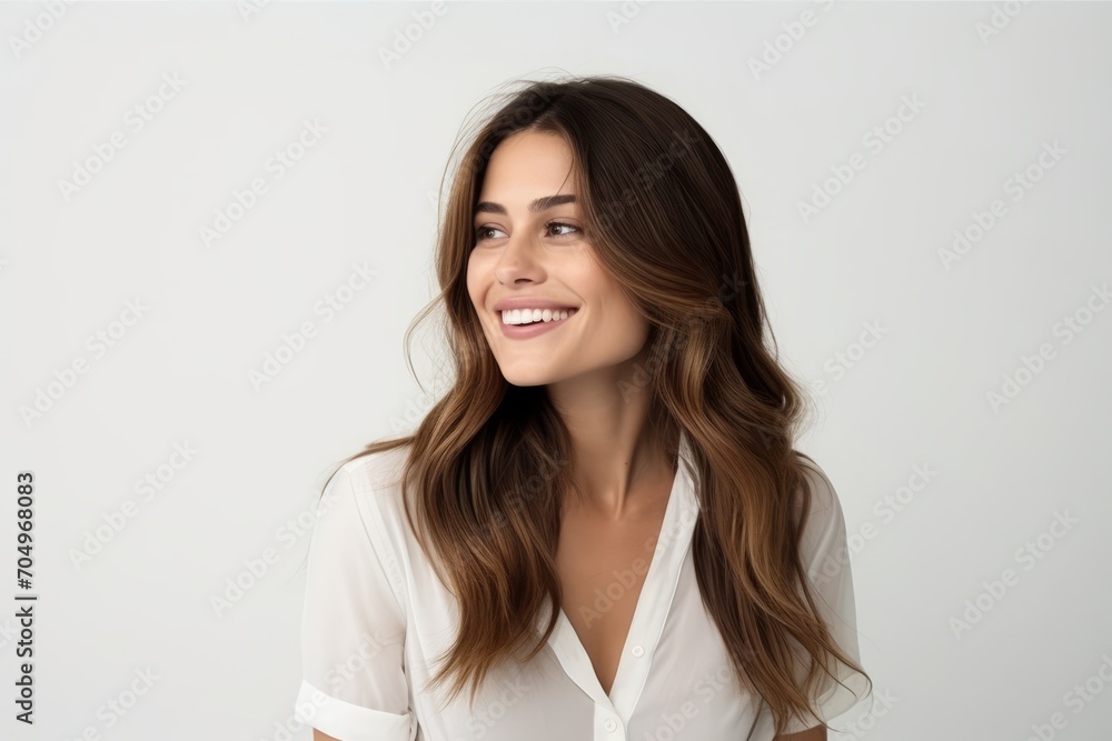 Portrait of a beautiful young woman with long brown hair smiling. Portrait of a beautiful young woman with long brown hair smiling.