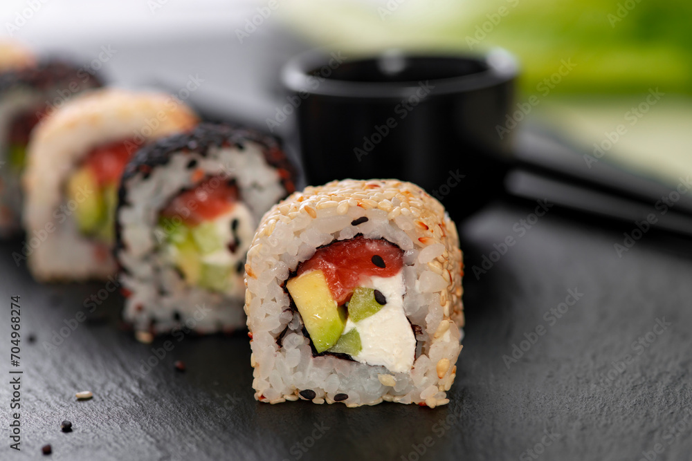 Sushi roll with rice. Sushi menu. Japanese food. Sushi roll with rice. Sushi menu. Japanese food.