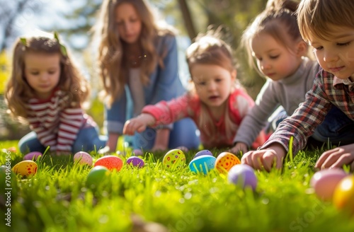 Little happy kids are hunting for Easter eggs. Easter traditions.