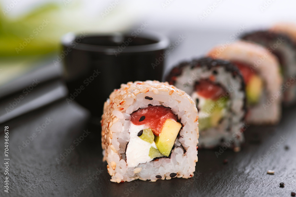 Sushi roll with rice. Sushi menu. Japanese food. Sushi roll with rice. Sushi menu. Japanese food.