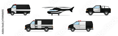 Police Patrol Vehicle with Helicopter and Truck Vector Set
