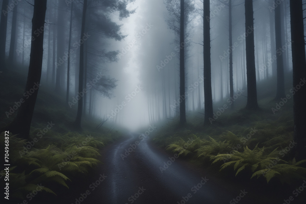 View of a dark foggy sad forest landscape with a road running through it in the center reaching to the horizon