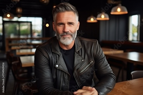 Portrait of a handsome mature man in a cafe. Men's beauty, fashion.