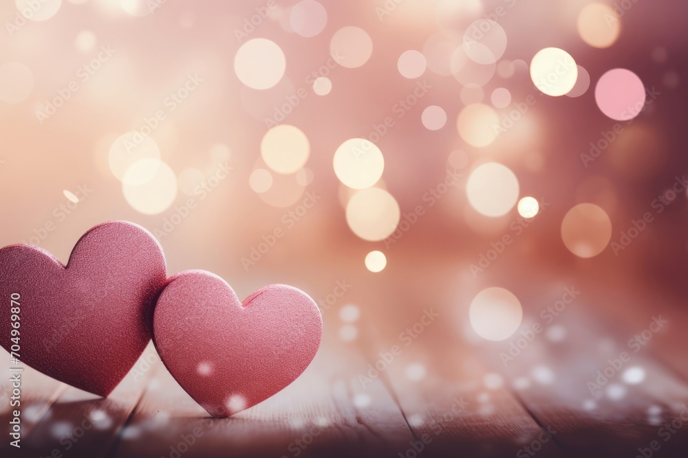 Pink glittering shiny heart on wooden table with confetti on defocused festive bokeh background