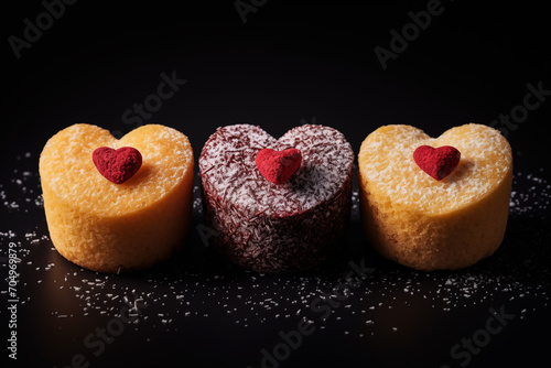 Sweet heart valentines day cakes on dark background.