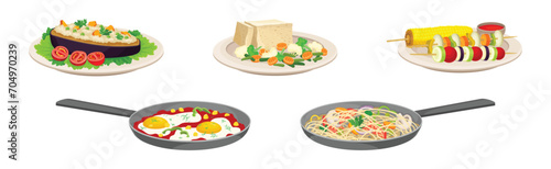 Different Food and Meal Served on Plate Vector Set