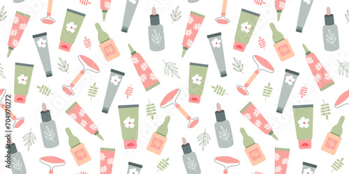 Beauty cosmetics seamless pattern. Serum, cleanser, moisturizer, toner, facial roller. Everyday skin care routine. Background, wrapping paper. photo