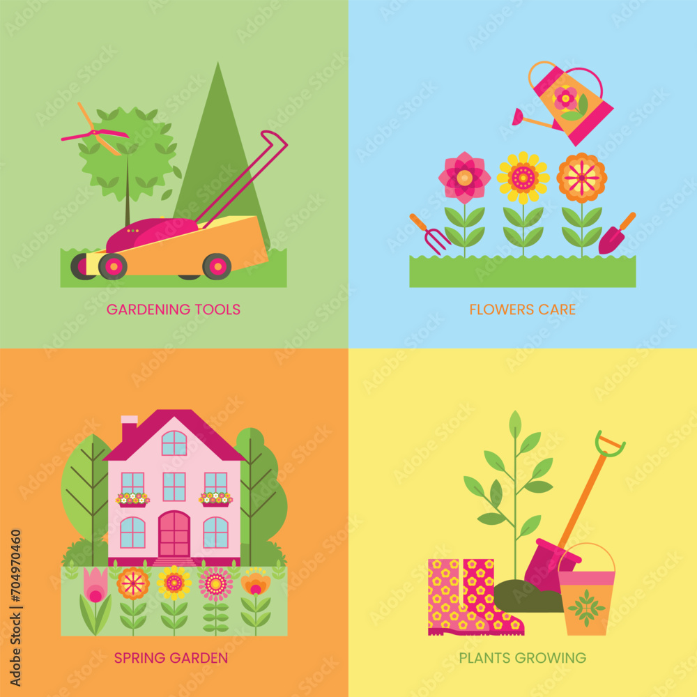 Fototapeta premium Set of gardening backgrounds with house, flowers, trees, lawn mower, scissors, watering can, boots, shovel. Gardening tools and works.