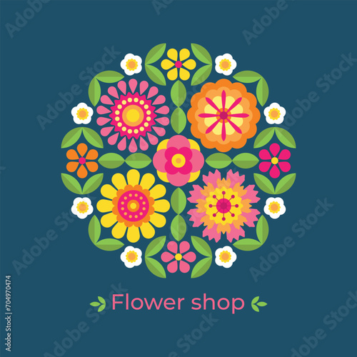 Flower shop logo with bright abstract decorative flowers. Floral vector emblem, sign, icon, symbol