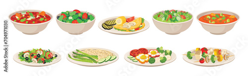 Different Food and Meal Served on Plate Vector Set