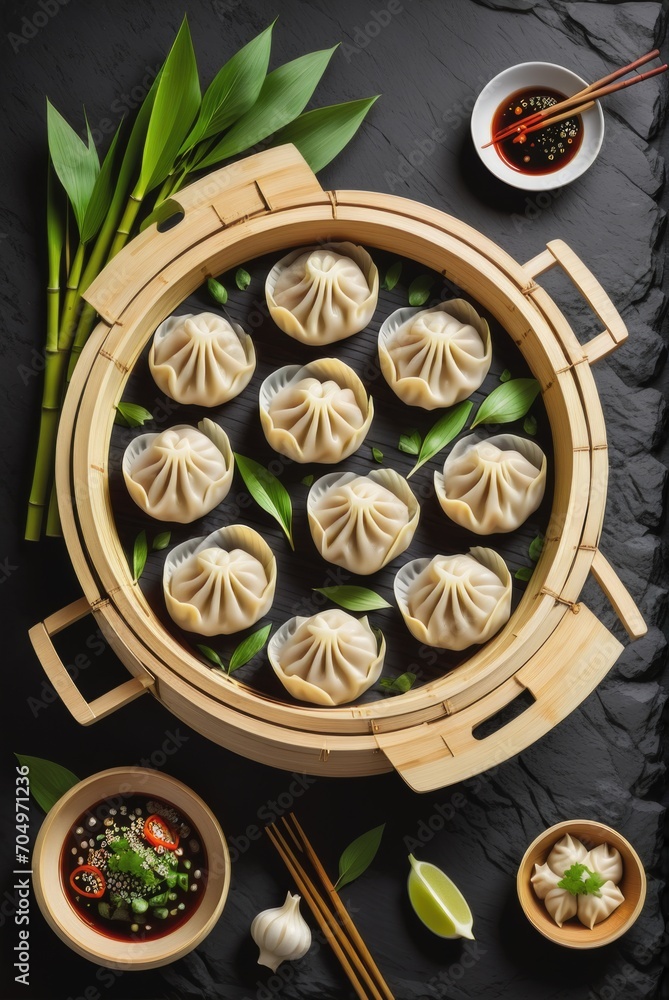 Photograph of Dumplings in a Bamboo Steamer on a Black Stone Background by ai generated