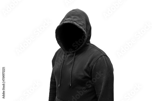 Mysterious faceless hooded anonymous criminal, silhouette of computer hacker, cyber terrorist or gangster isolated on transparent background