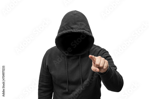Mysterious faceless hooded anonymous criminal, silhouette of computer hacker, cyber terrorist or gangster isolated on transparent background