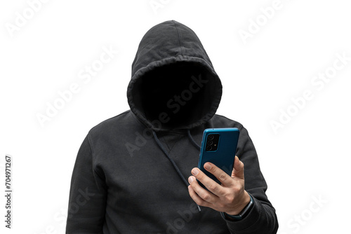 Fotografía Mysterious faceless hooded anonymous hacker holding smartphone, silhouette of cy