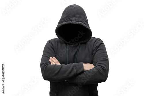 Mysterious faceless hooded anonymous criminal, silhouette of computer hacker, cyber terrorist or gangster isolated on transparent background photo