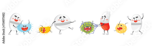 Antibiotic Pill Character Fight Bacteria and Virus Vector Set