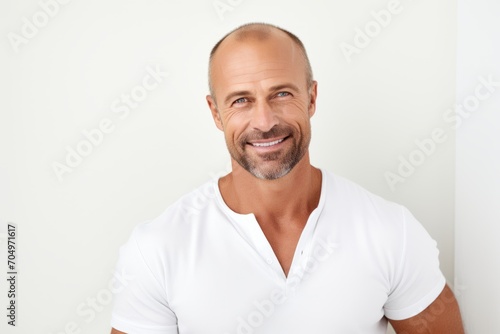 Handsome mature man in white t-shirt looking at camera