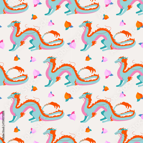 Bright seamless pattern with Chinese dragons and peaches. Cartoon ornament. Symbol of Chinese New Year 2024. Dragons for asian holiday template. Vector illustration on isolated backdrop