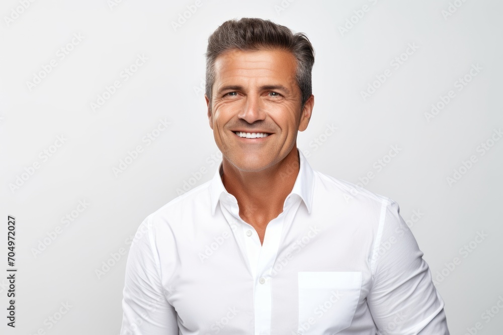 Handsome middle-aged man in white shirt on white background Handsome middle-aged man in white shirt on white background