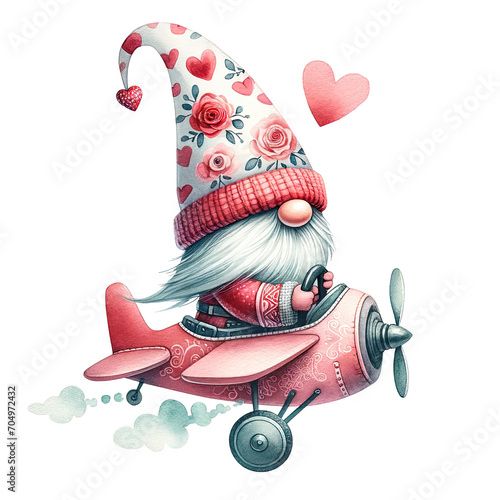 Gnome pilot airplaine with long hat, retro, vintage, red and pink color, png, photo