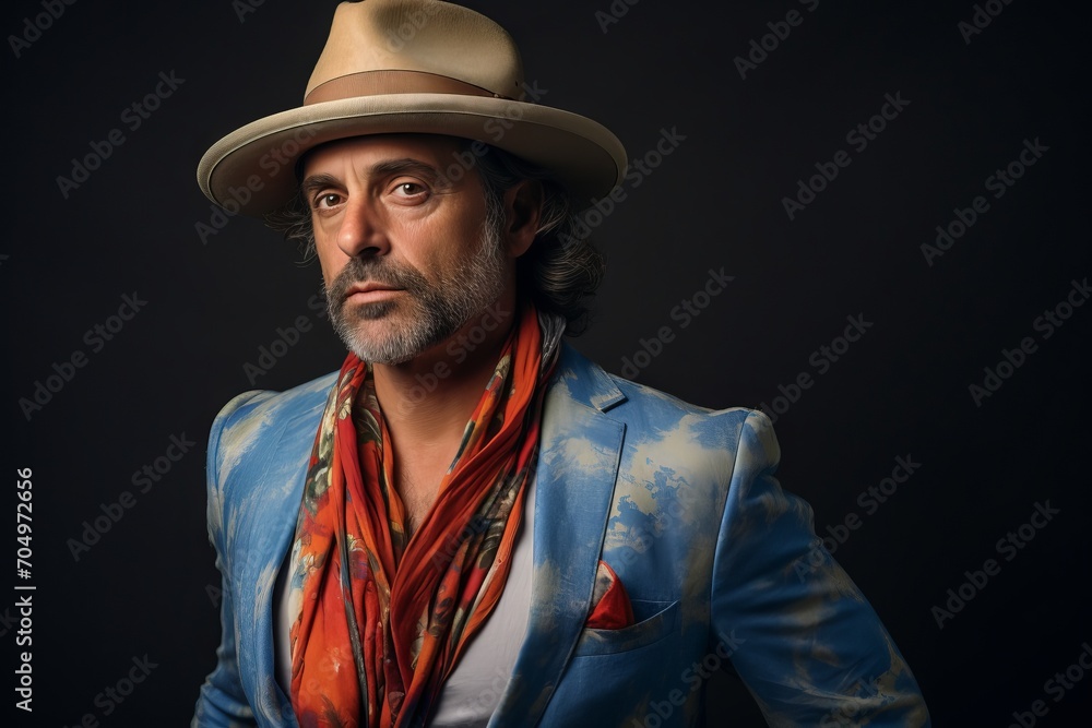 Portrait of a handsome man in a hat and scarf. Studio shot.