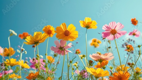 A vibrant array of assorted beauty of wildflowers in a random pattern against a clear, light blue sky background. light and airy composition, capturing the essence of spring or summer