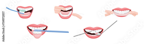 Oral Care and Dental Hygiene with Mouth Cleaning Vector Set