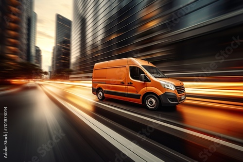 fast delivery van on the highway in big, modern city, panning motion photography