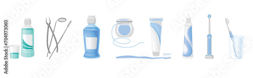 Oral Care and Dental Hygiene with Toothbrush, Mouthwash and Toothpaste Tube Vector Set