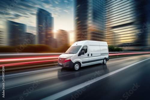 fast delivery van on the highway in big, modern city, panning motion photography