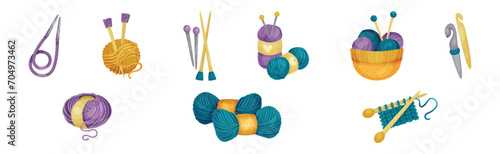 Knitting Object with Yarn and Needle Vector Set