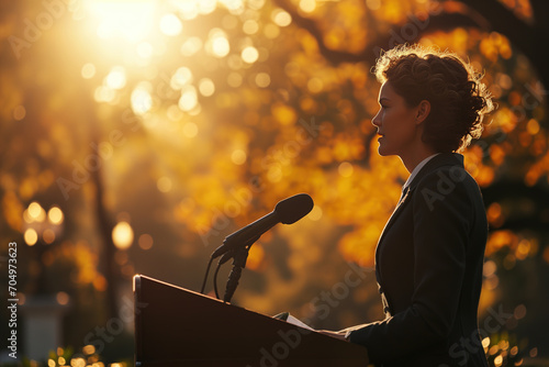 Voting, side view of an adult Caucasian woman politician or president in a coat speaking at the podium with a microphone photo