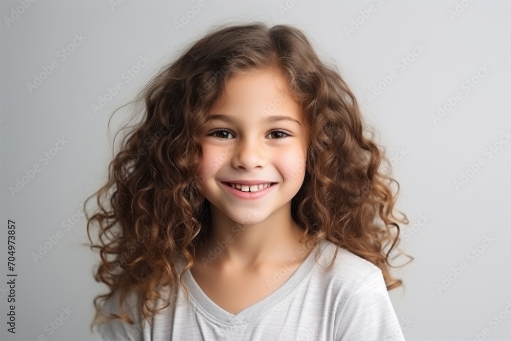 Portrait of a cute little girl with long curly hair over grey background Portrait of a cute little girl with long curly hair over grey background
