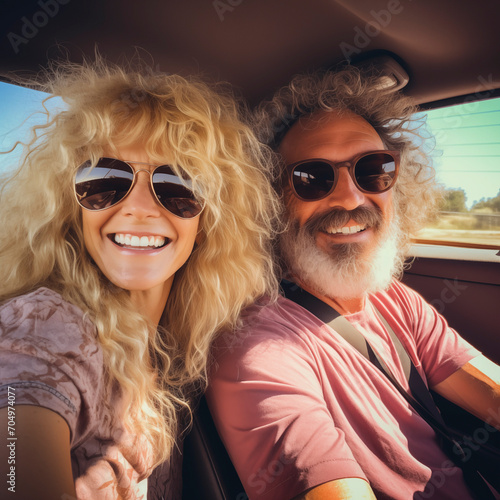 Happy couple having fun on new car - Mature people enjoying time together during traveling vacation - Travel lifestyle and transportation concept