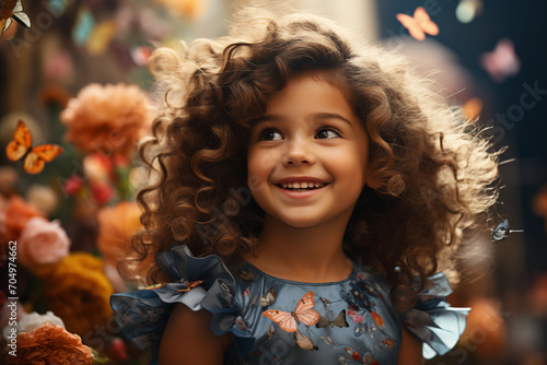 Cute happy little girl in a beautiful festive dress surrounded by butterflies with colorful flowers on background with copy space