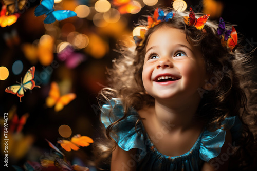 Cute happy little girl in a beautiful festive dress surrounded by butterflies with colorful bokeh lights on background with copy space