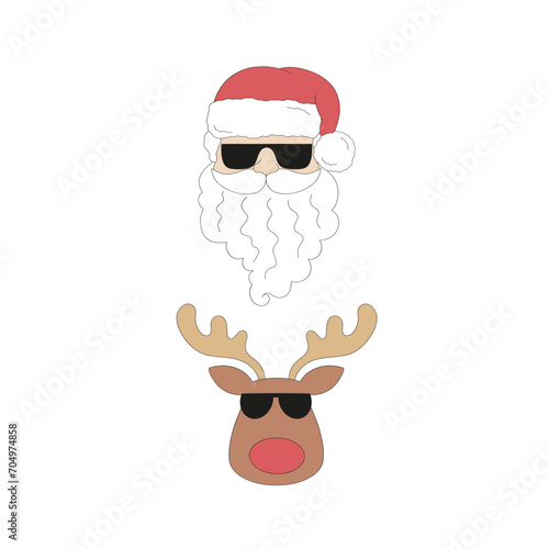Retro beachy Santa Claus Reindeer in sunglassed vector illustration set isolated on white. Groovy tropical summer Christmas print.