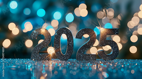 Happy New Year, Happy 2025, new year concept,"2025" written in Blue glitter bokeh vintage lights, photorealistic, Generative Ai