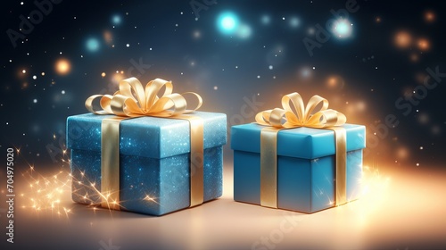 Christmas present box. Happy New Year. Two blue boxes. Vector art. Surprised gifts wrapped in a dazzling, flame-like garland. Festive Christmas background. © Suleyman