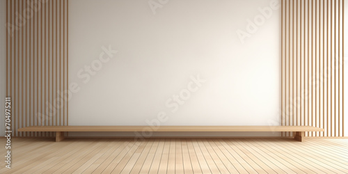 Japanese style empty room decorated with white wall and wooden slats wall © Teerasak