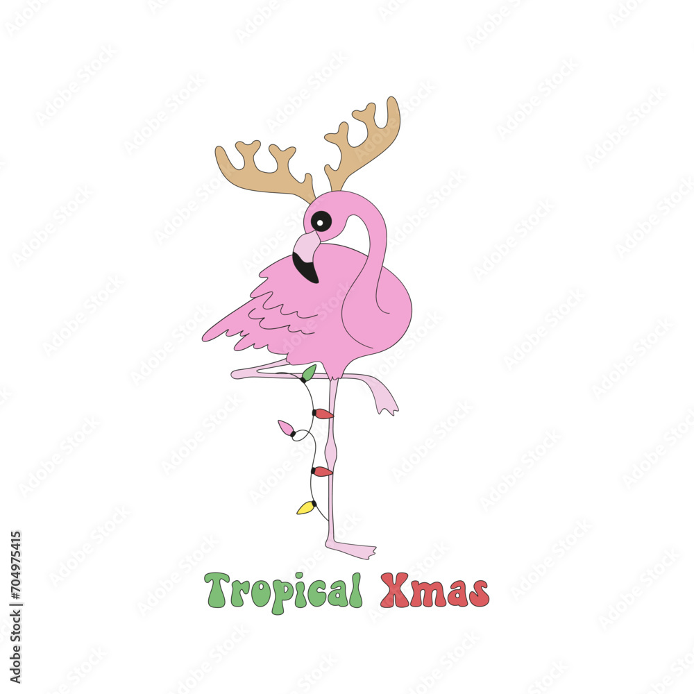 Retro pink flamingo with reindeer horn and garland vector illustration isolated on white. Tropical Xmas phrase. Groovy tropical summer Christmas print. Retro pink flamingo with reindeer horn and garland vector illustration isolated on white. Tropical Xmas phrase. Groovy tropical summer Christmas print.